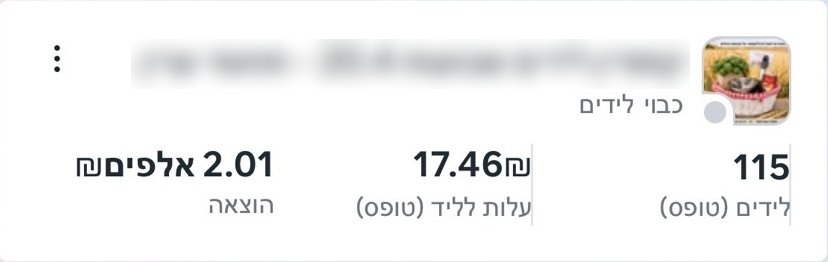 קמפיין לידים: 115 לידים בעלות של 17.46&nbsp;₪ לליד